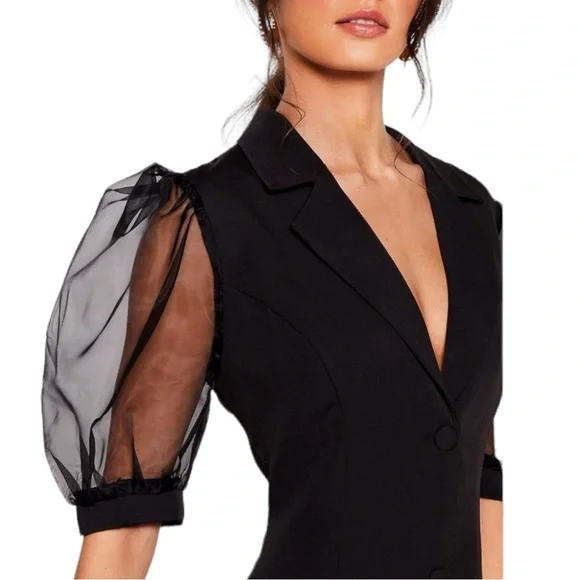 NWT Nasty Gal Sheer For The Drama Organza Sleeve Blazer Dress Black Sz 12 - Picture 6 of 8